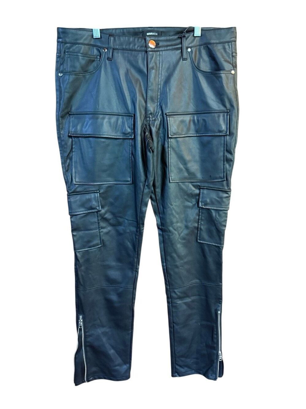 Fashion Nova black faux-leather cargo pants  large utility pockets/ ankle zipper